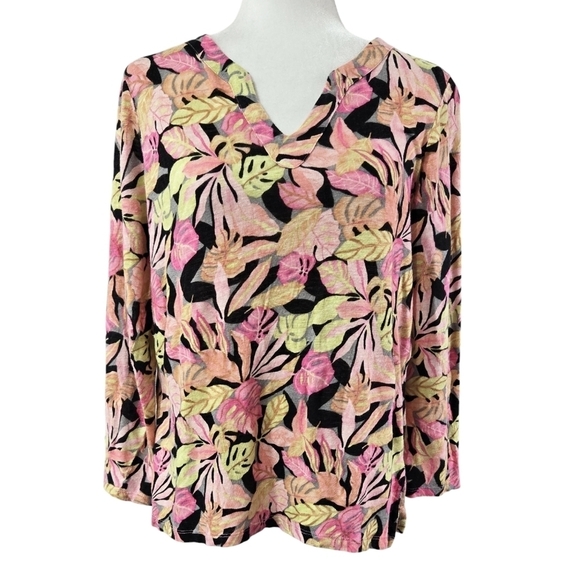 Chico's 100% Linen Pink Yellow Tropical Leaf Split Neck Top Colorful Vacation - Picture 1 of 8